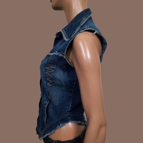 Vintage 90s Y2K Denim Vest Top Blue Sleeveless Button Front Size S - Picture 5 of 9